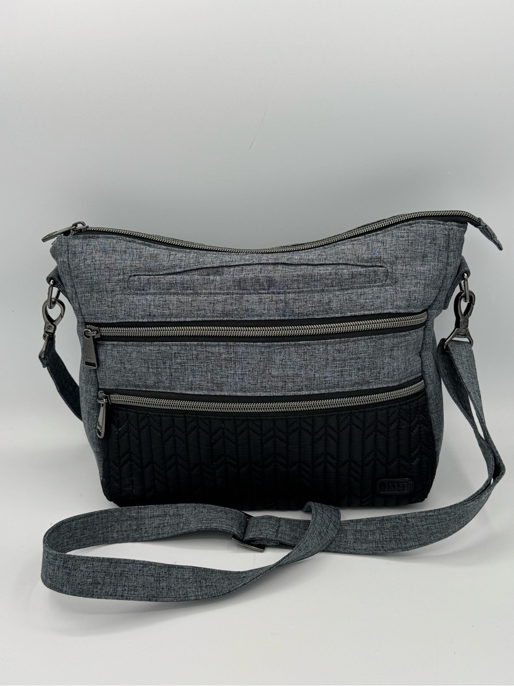 lug Slider Heather Gray/Black Chevron Quilted Panel Crossbody Bag- Multi Pocket